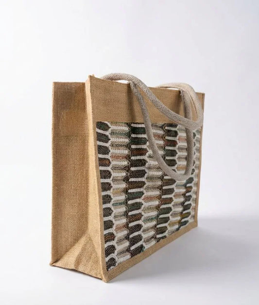 Jute Carry Bag With Stylish Zari Net