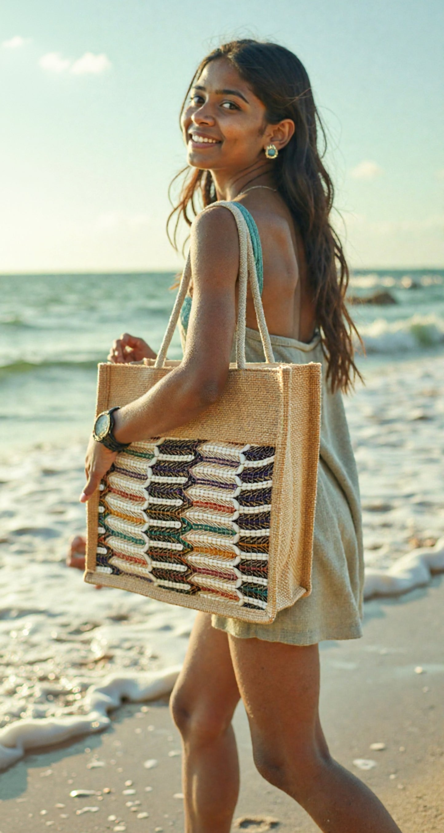 Jute Carry Bag with Multi-coloured Net