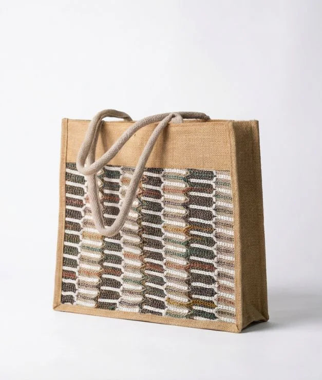 Jute Carry Bag With Stylish Zari Net