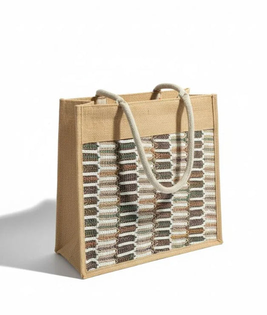 Jute Carry Bag With Stylish Zari Net