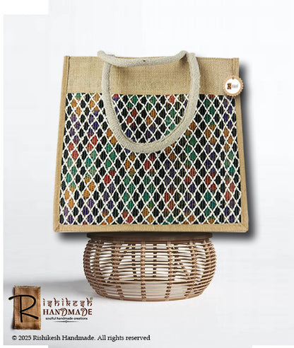 Jute Carry Bag With Stylish Zari Net